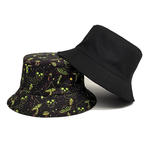 Chapeau Bob Polyester Protection Solaire Extérieur Crâne Champignon Néon Graffiti Imprimé Double Face Unisexe