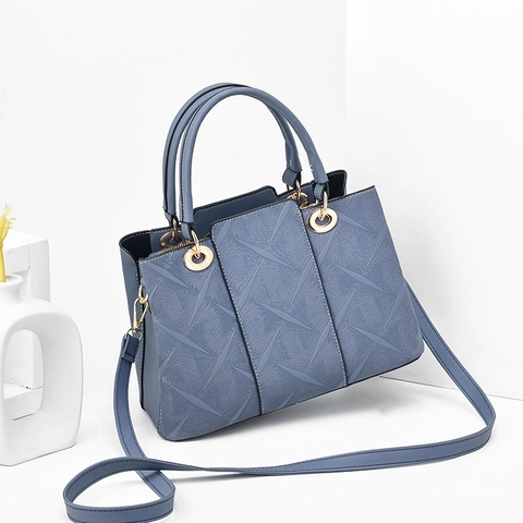 Women PU Leather Handbag Geometric Embossed Pattern Top Handle Shoulder Bag Gold Hardware Multi Compartments Retro
