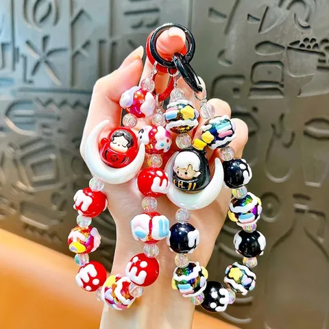 Cute Cartoon Moon Hand Painted Bead Keychain Acrylic Mobile Phone Chain Bag Charm For Women Girls Gift