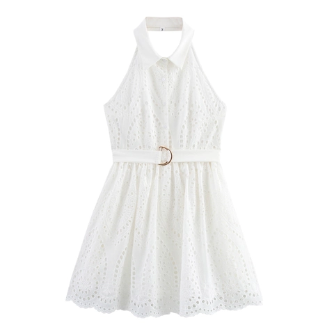 Halfter Spitze Mini Kleid Ärmellos Rückenfrei Stickerei Elegant Mit Gürtel Hohe Taille Durchbrochen Für Frauen