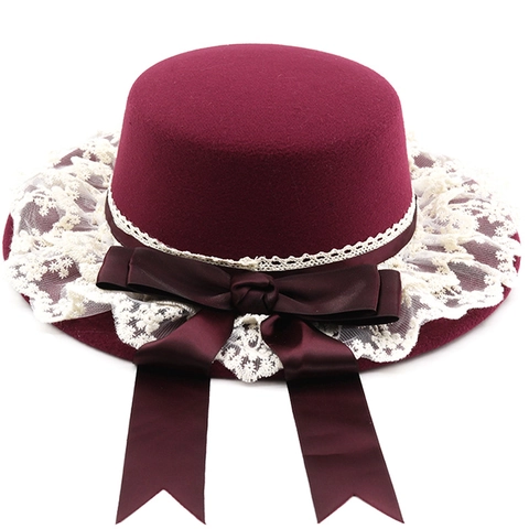 Vintage Lolita Boater Hoed Platte Kroon Polyester Vilt Grote Satijnen Strik Lang Lint Kant Rand Elegant Dames