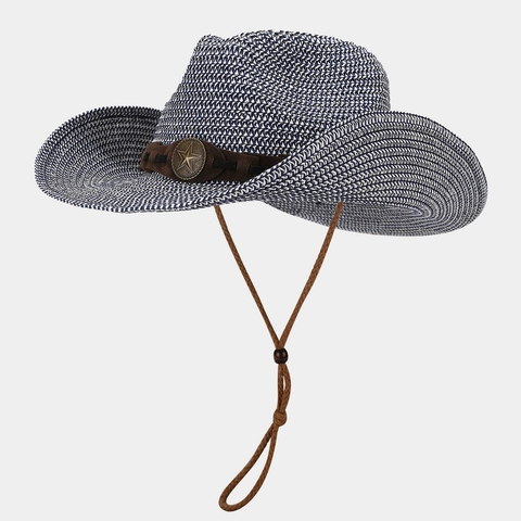 Cappello Da Cowboy In Paglia Vintage Con Distintivo Stella Corda Vento Regolabile Protezione Solare Traspirante Esterno Mare