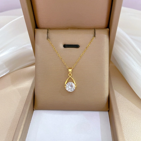Collier Pendentif Goutte D'eau Zircone Cubique Plqué Or Chaîne En Acier Inoxydable Cuivre Micro Incrusté Élégant Pour Femmes