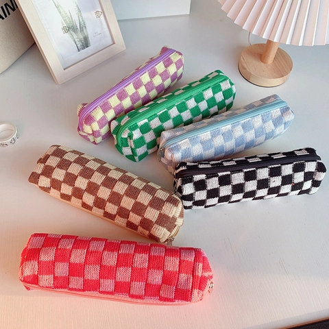 Gebreide Pen Etui Schaakbord Grote Capaciteit Wollen Briefpapier Opbergtas Esthetische Ins Stijl Ritssluiting