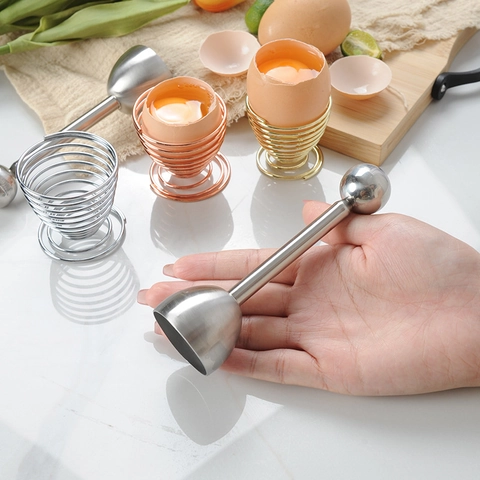 304 Stainless Steel Egg Cracker Topper Shell Remover Cutter And Spring Egg Cups Holders Set Kitchen Gadget