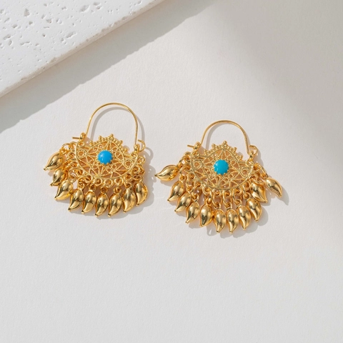 Orecchini a Goccia con Nappa in Filigrana a Semicerchio Intarsiati in Turchese Bohemien Vintage Placcati in Oro 18K per Donna Gioielli Etnici