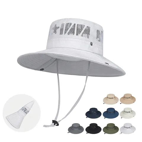 Outdoor Sun Hat Polyester Large Brim Breathable Mesh Fisherman Bucket Hat With Adjustable Windproof String Hiking Fishing