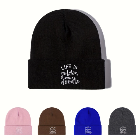 Gebreide Muts Geborduurd Life Is Golden With A Doodle Acryl Warme Winter Beanie Met Omslag Voor Dierenliefhebbers