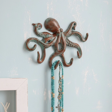 Octopus Wall Hook Cast Iron Decorative Heavy Duty Nautical Vintage Multi-hook For Entryway Mudroom Garden Coat Keys