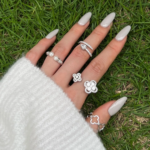 925 Sterling Silver Ring For Women Artificial Pearl Zirconia Clover Water Drop Design Inlaid Open Adjustable Jewelry Ring