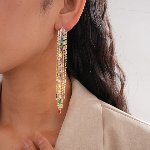 Luxus Lange Quasten Ohrhänger Mit Silbernem Ohrstecker Bunte Zirkonia Geometrischer Kupferschmuck Für Damen