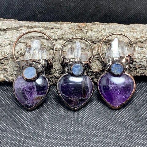 Vintage Amethyst Heart Pendant Necklace With White Crystal Pillar And Kyanite Antique Copper Bohemian Healing Jewelry