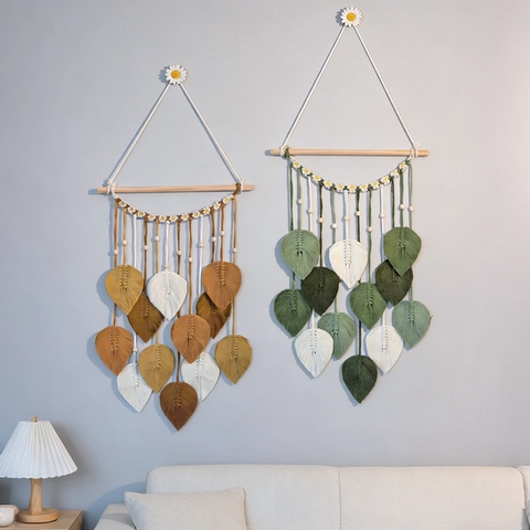 Boho Macrame Wandbehang Handgewebte Baumwolle Blatt Gänseblümchen Design Tapisserie Heimdekor Schlafzimmer Wohnzimmer Holzstange