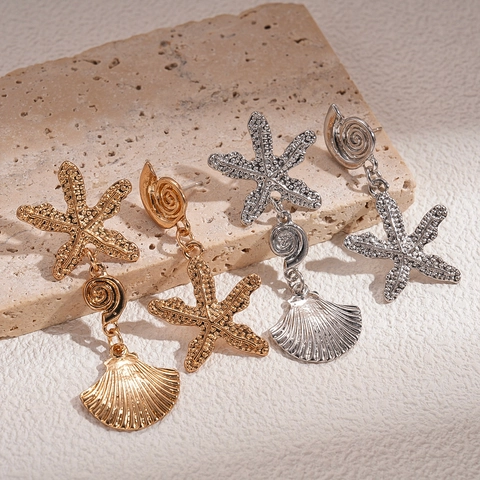 Asymmetrical Sea Star Shell Conch Drop Earrings With Silver Earring Post Alloy Ocean Beach Vacation Jewelry For Women