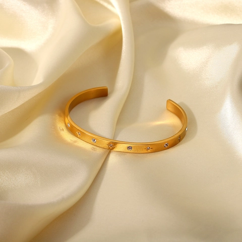 Franse Retro 18K Verguld Roestvrij Staal Ster Armring Strass Ingelegde Ster Geometrische Open Armband Voor Dames