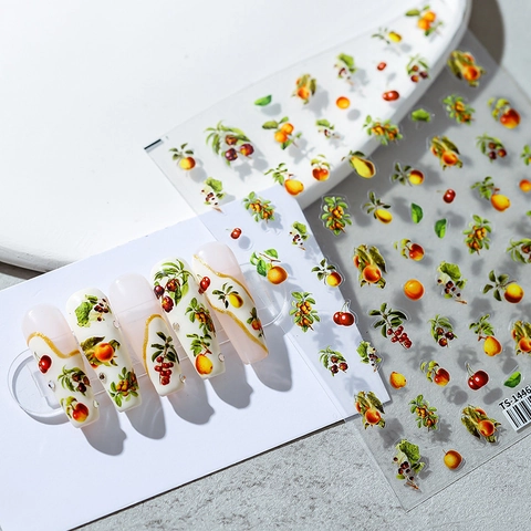 Pegatinas Uñas Frutas Retro Adhesivas Ilustración Botánica Cerezas Peras Cítricos Calcomanías Manicura DIY