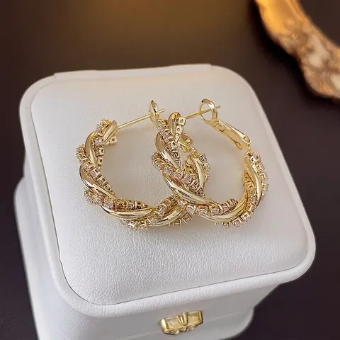 Gedraaide Creolen Met Zirkoon Ingelegd Koper En 925 Sterling Zilveren Oorbel Post Luxe Mode Sieraden