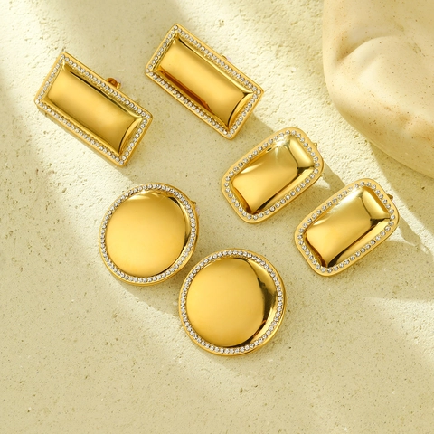 Orecchini In Acciaio Inossidabile Placcato Oro 18K Geometrici Rettangolo Tondo Rhinestone Lucido Gioielli Moda Per Donne