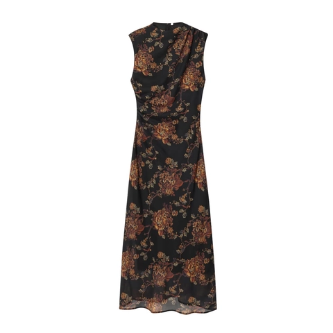 Damen Ärmelloses Maxikleid Mit Blumenmuster Vintage Chiffon Druck Raffung Schlanke Passform Elegant Rundhals Hohe Taille