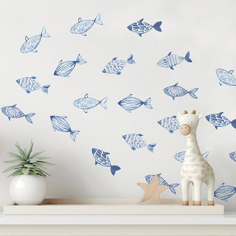 Mediterranean Style Blue Sea Fish Wall Stickers PVC Self Adhesive Ocean Life Decals For Nursery Bedroom Decor