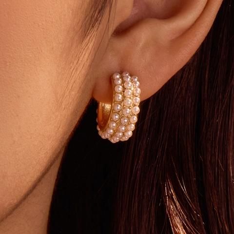 18K Gold Plated Stainless Steel Hoop Earrings For Women Elegant Artificial Pearl Rhinestone Inlaid French Vintage Stud Jewelry Niche Style
