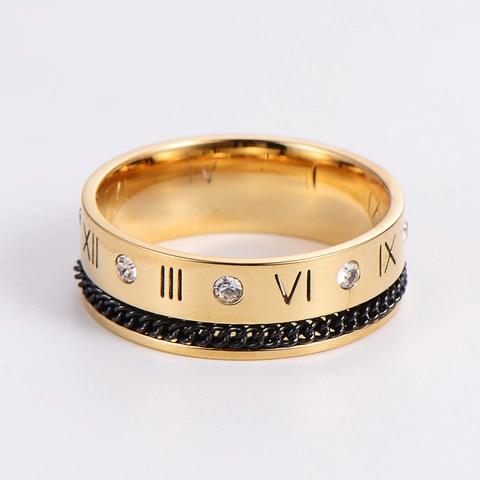 Anello Vintage In Acciaio Inossidabile Con Numeri Romani Strass Intarsiati Design A Catena Nera Cava