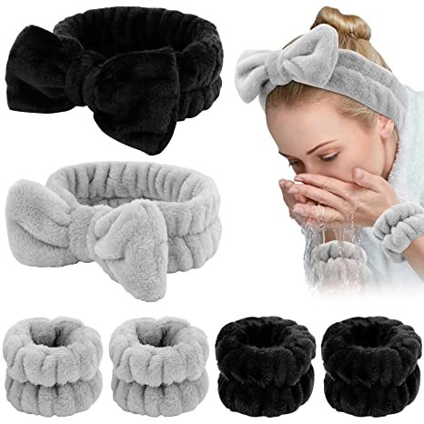 Plush Coral Fleece Spa Facial Headband And Wristbands Absorbent Bow Knot Hair Band For Washing Face Makeup Skincare