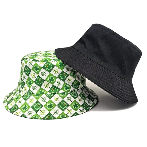Chapeau Bob Saint Patrick Réversible Imprimé Trèfle Damier Polyester Pliable Chapeau Soleil Pour Festivals