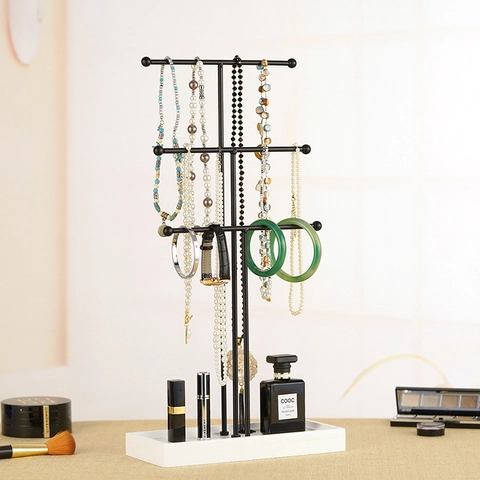 Tiered Metal Jewelry Display Stand With Wood Base Necklace Bracelet Watch Holder Organizer For Dressing Table Elegant Modern