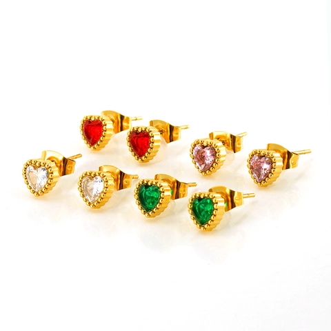 Heart Stud Earrings 18K Gold Plated Stainless Steel With Heart Zircon Beaded Edge Fashion Jewelry For Women
