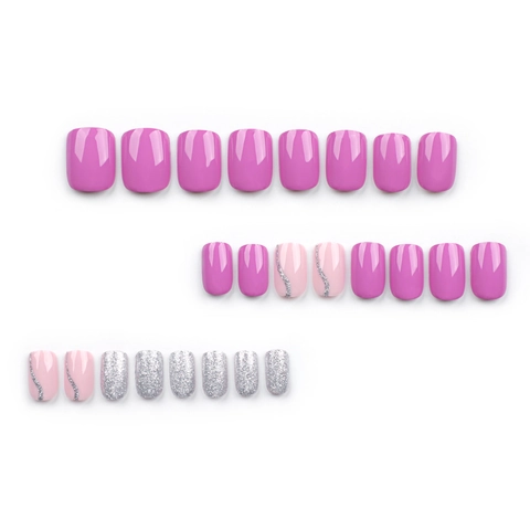 Glossy Short Square Press On Nails Purple Pink Silver Glitter False Nails For Women Daily Manicure