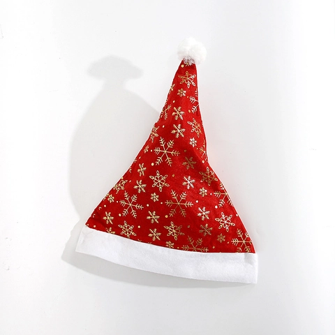 Cappello Di Natale In Peluche Rosso Con Stampe Di Fiocchi Di Neve Dorati Bordo In Pelliccia Sintetica Per Adulti