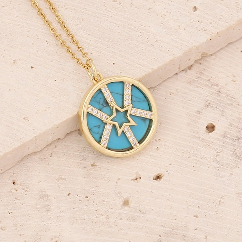 Copper Cubic Zirconia Pendant Necklace Round Star Pattern Fashion Clavicle Chain Jewelry For Women