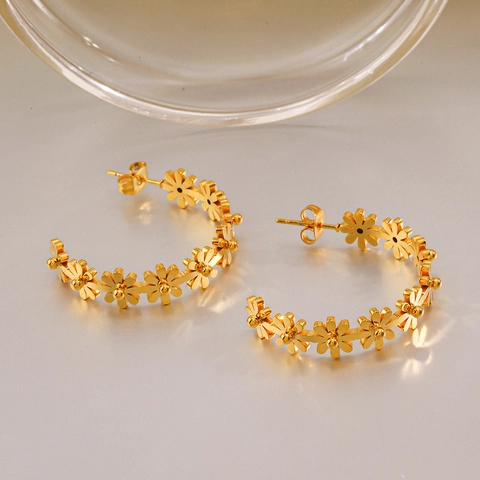 Madeliefje Bloem Hoop Oorbellen Roestvrij Staal 18K Verguld C-Vorm Florale Trendy Sieraden Voor Dames