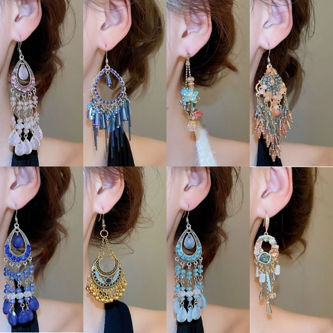 Orecchini Etnici Boho Con Nappine E Perno In Argento 925 Rame Strass Perline Pendenti Da Donna Vintage