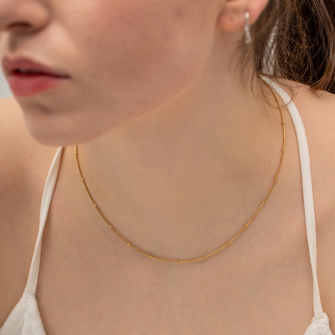 Collar Minimalista De Acero Inoxidable Para Mujer Elegante Cadena De Serpiente Bañada En Oro Con Cuentas Redondas