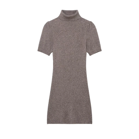 Women Knitted Bodycon Mini Dress Mock Neck Short Sleeve Solid Color Elegant Slim Fit Stretch Dress