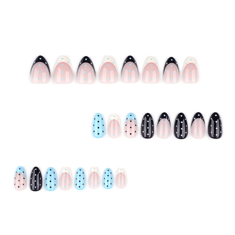 Unghie Finte Francesi A Pois Forma A Mandorla Blu Nero Nude Plastica Resistente Unghie Artificiali Per Donne