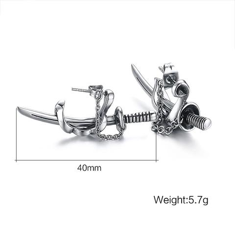 Katana Schwert Ohrstecker Edelstahl Mit Dekorativer Kette Punk Gothic Vintage Silber Schmuck Für Herren