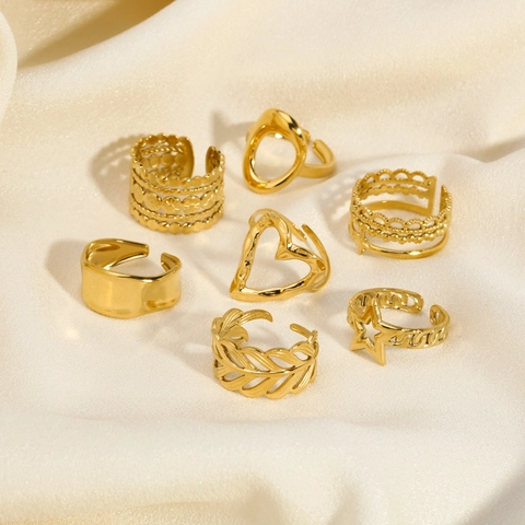 Anillo Abierto de Acero Inoxidable Chapado en Oro Vintage para Mujer Minimalista Corazón Estrella Hoja Joyería Ajustable Regalo de Fiesta de Boda