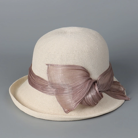 Women Elegant Cloche Hat Paper Straw Linen Satin Polyester Foldable Sunshade Bucket Cap With Bow