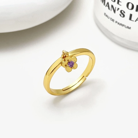 Bague Ouverte Fleur Plaqué Or 18K Style Thaïlandais pour Femme Élégante Bague Réglable en Cuivre avec Zirconia Améthyste Violette