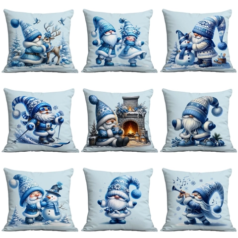 Kerst Kussensloop Blauwe Winter Kabouter Print Kort Pluche Zachte Kussenhoes Voor Thuis Sofa Decor Wintervakantie Cadeau