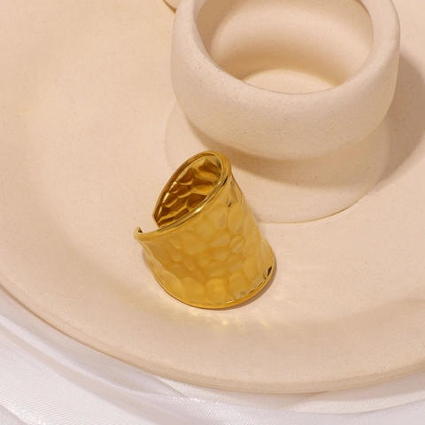 Stainless Steel Hammered Texture Open Adjustable Ring Gold Color Wide Band Water Ripple Fashion Jewelry For Women
