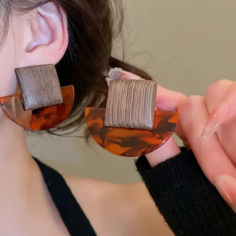 Retro Holz Quadrat Und Schildpatt Harz Halbkreis Geometrische Hängeohrringe Mit Silber Ohrring Stift Für Frauen