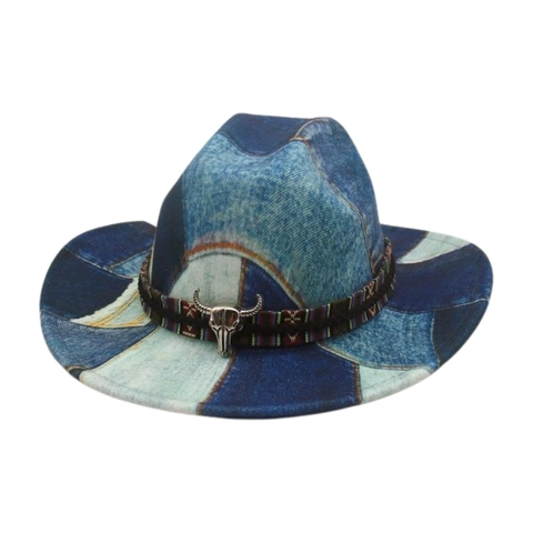 Δυτικό Καπέλο Κάουμποι Vintage Denim Patchwork Έθνικ Ζώνη Μεταλλική Διακόσμηση Κεφάλι Ταύρου Φεντόρα Με Μεγάλο Γείσο