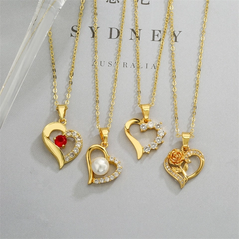 Collana Pendente Cuore Placcato Oro Rame Zircone Perla Artificial Gemma Rossa Rosa Fiore Regalo Romantico Donne
