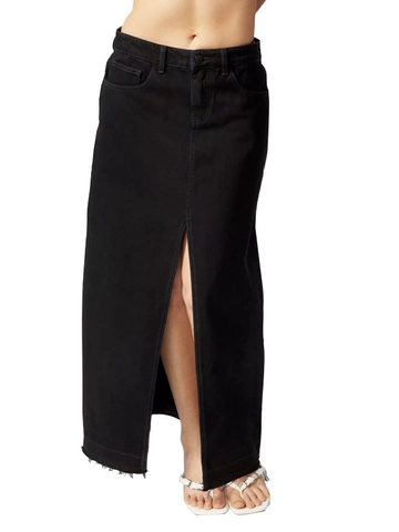 Gonna Lunga In Denim Da Donna Cotone Vita Alta Spacco Frontale Orlo A Vivo Dritta Casual Elegante