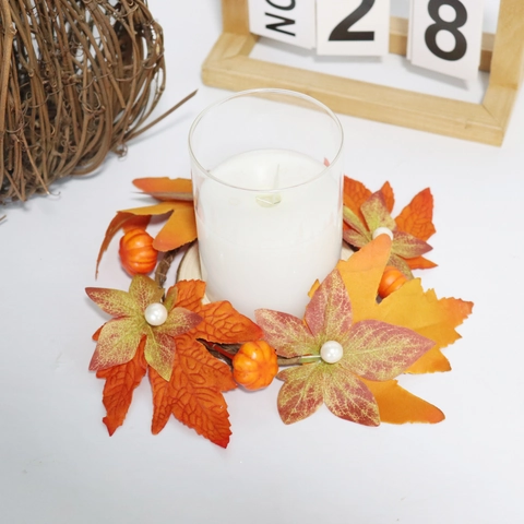 Anello Di Candela Zucca Foglia Acero Artificiale Decorazione Autunno Thanksgiving Halloween Raso Schiuma Floreale