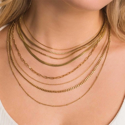 Collana A Strati Minimalista In Acciaio Inossidabile Placcato Oro 18K Per Donna Elegante Catena A Serpente Corda Figaro